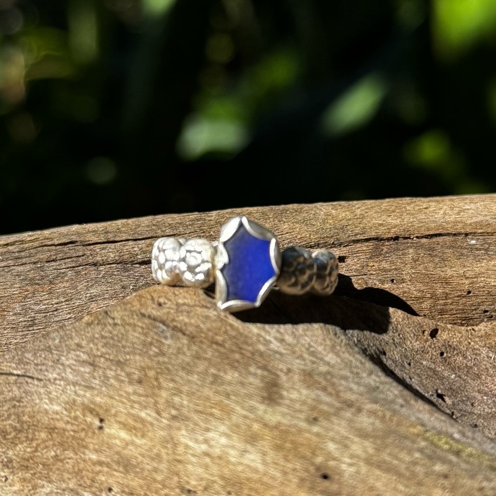 Cobalt blue sea glass beaded floral sterling & fine silver thick band